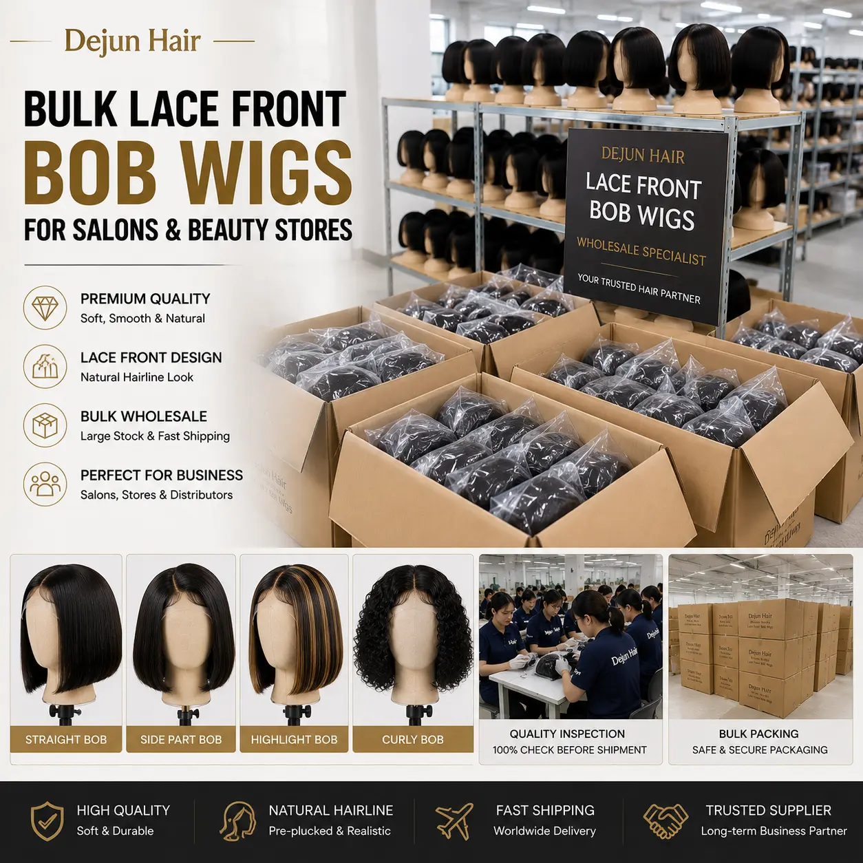 Bulk lace front bob wigs in multiple styles for salons and beauty stores
