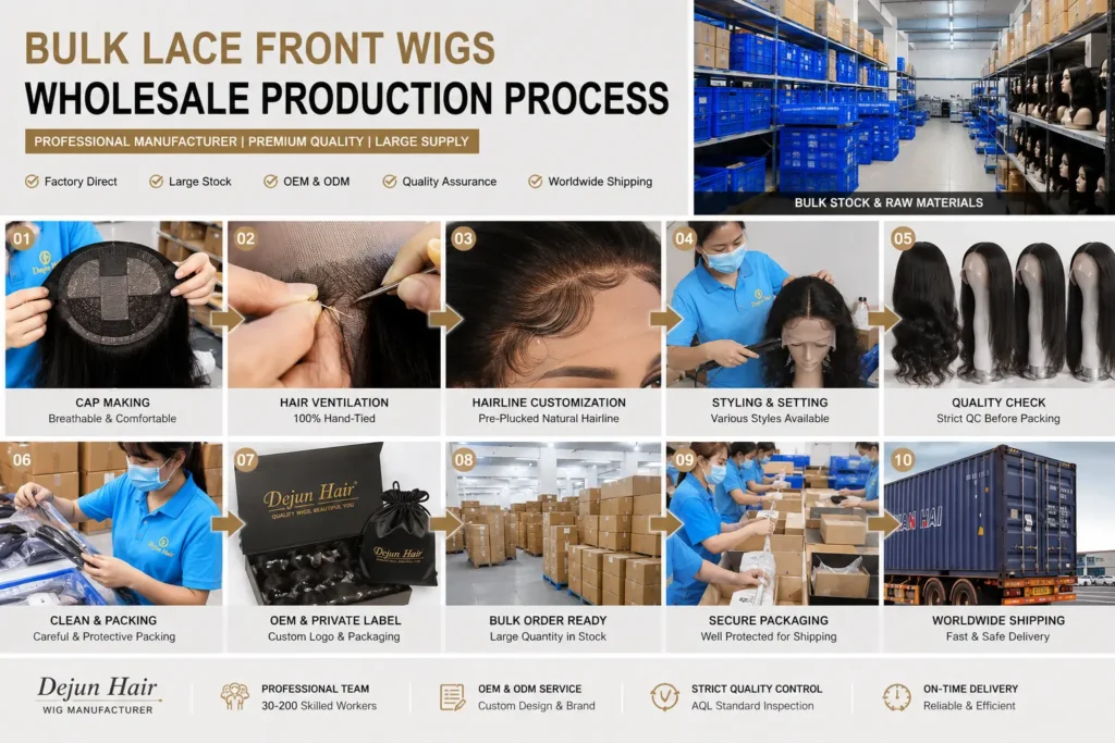 Bulk lace front wigs wholesale production process including styling and quality inspection