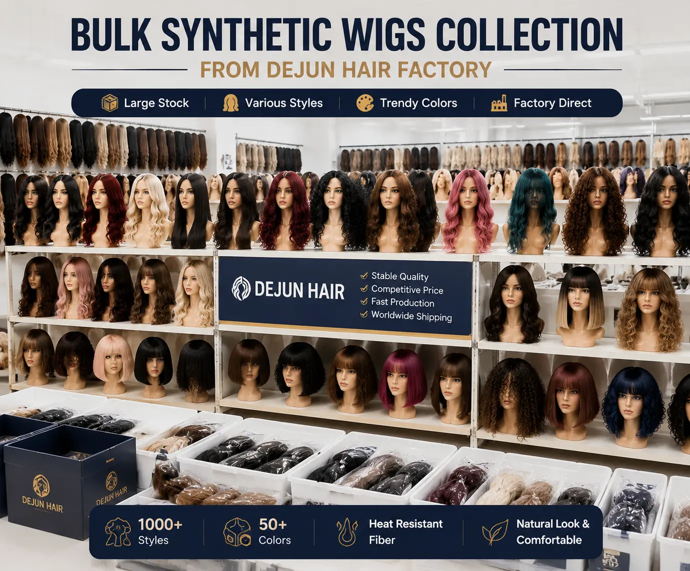 Bulk synthetic wigs collection from Dejun Hair factory for global beauty retailers and distributors