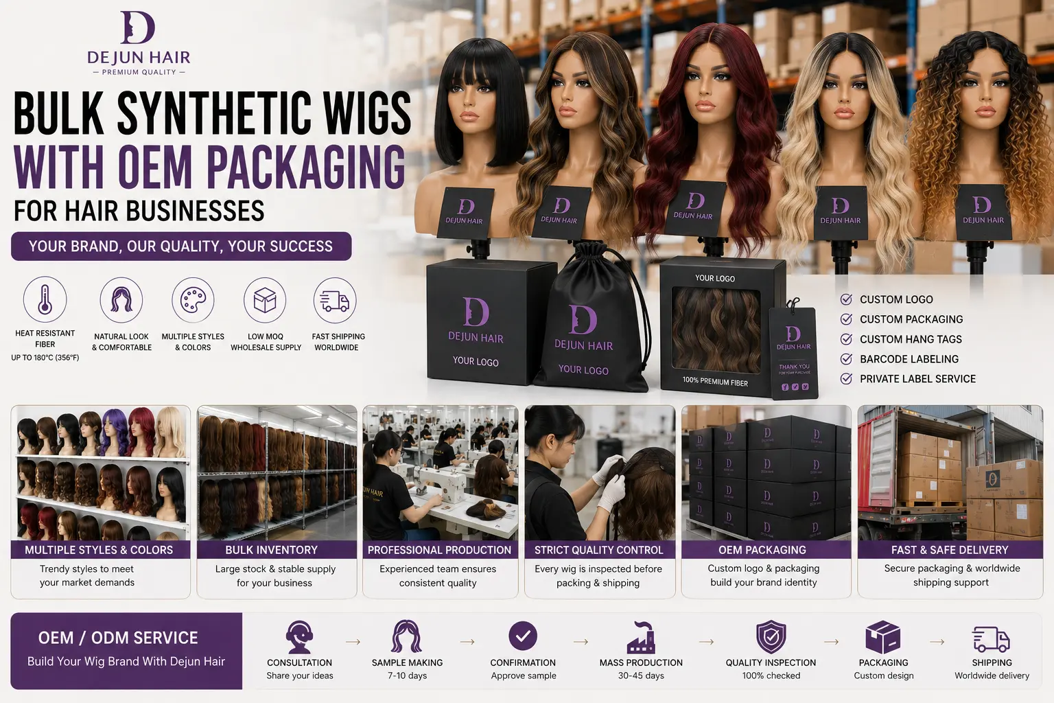 Bulk synthetic wigs with custom OEM packaging for hair businesses and retailers