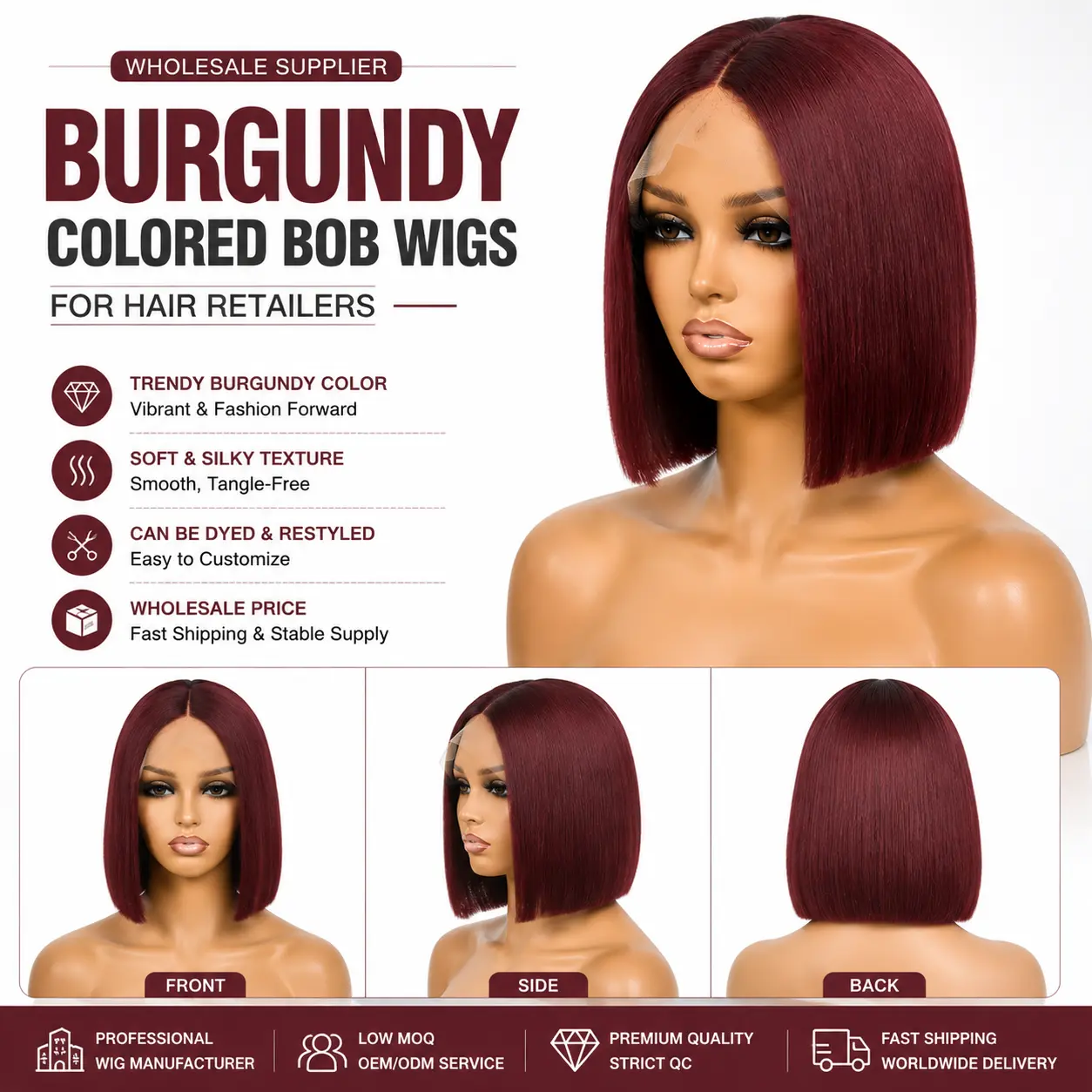 Burgundy colored bob wigs wholesale collection for hair retailers