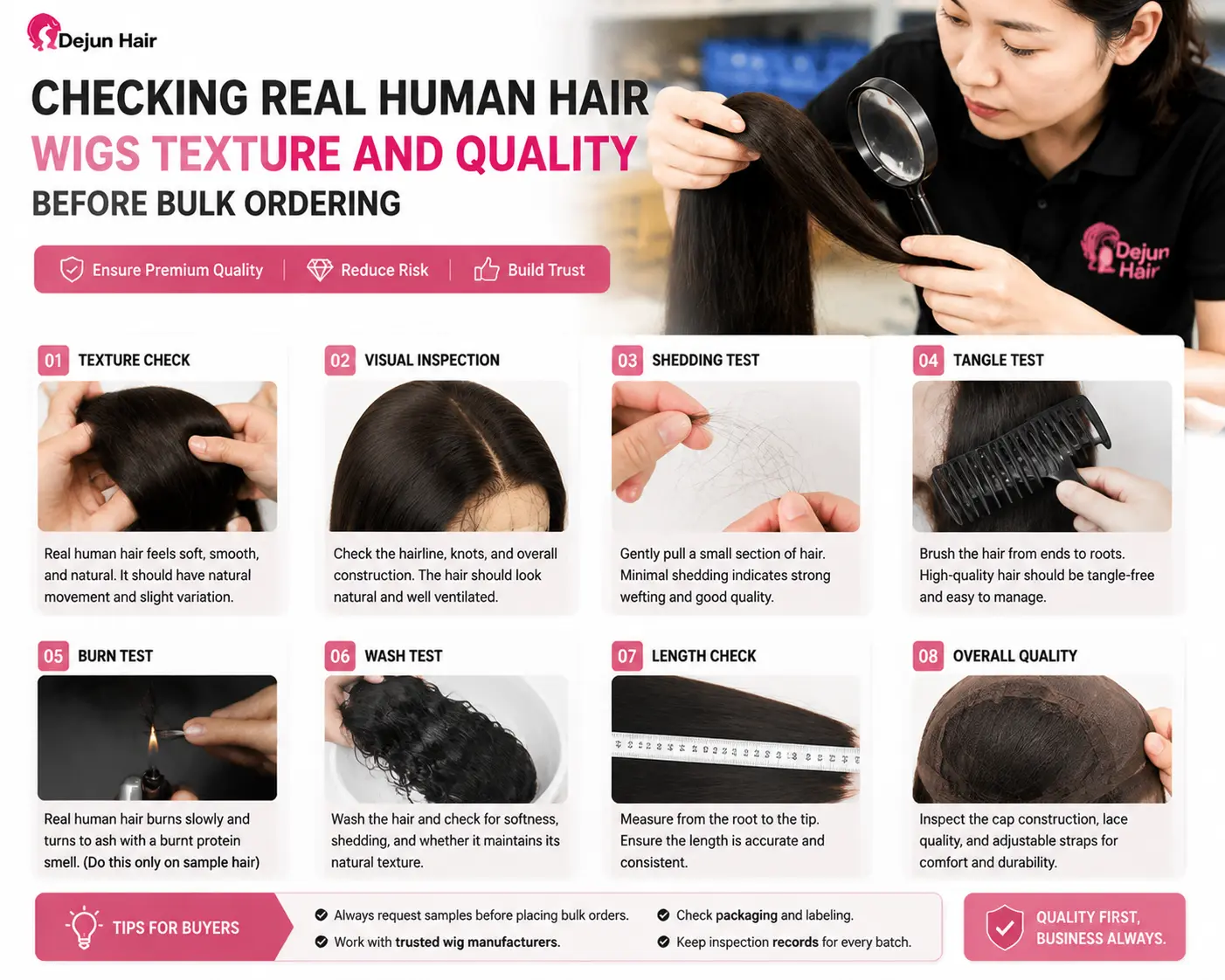 Checking real human hair wigs texture and quality before bulk ordering with tests for softness, shedding, tangling, length, and durability