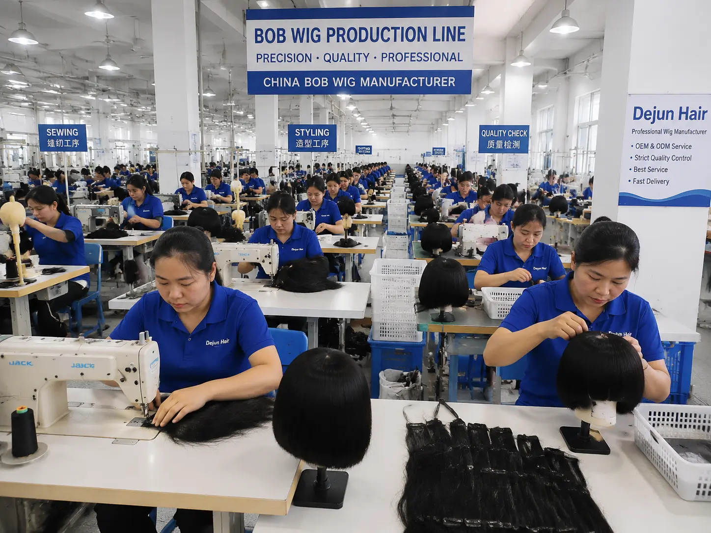 China bob wig manufacturer production workshop with professional wig manufacturing process