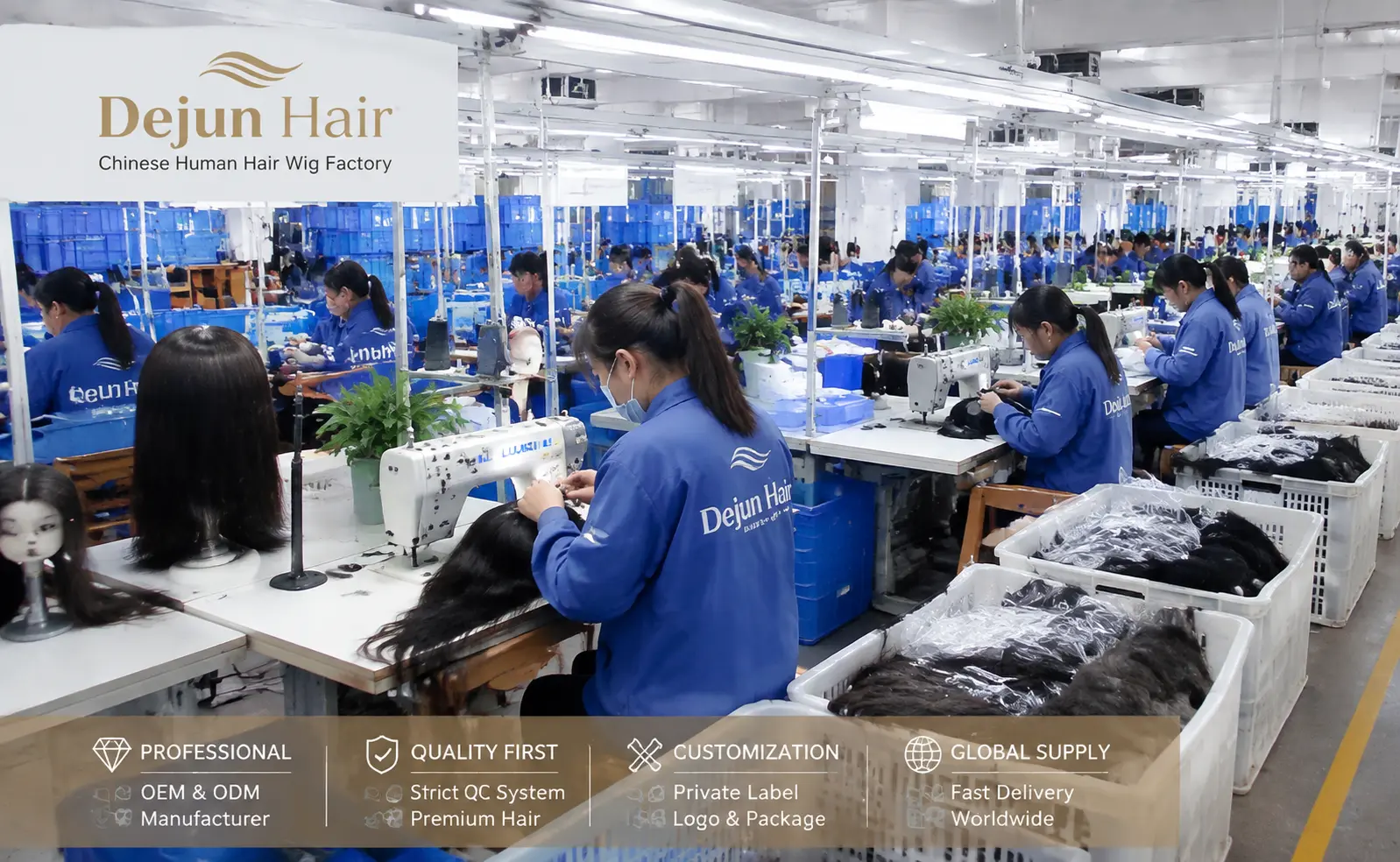 Chinese human hair wig factory production line by Dejun Hair manufacturer