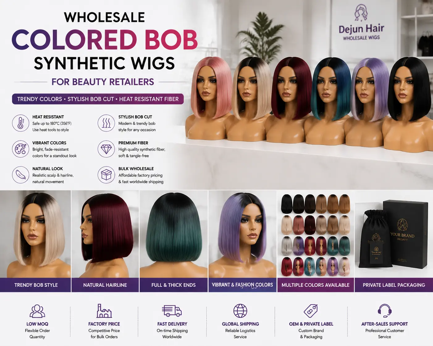 Wholesale colored bob synthetic wigs for beauty retailers with trendy styles and multiple color options