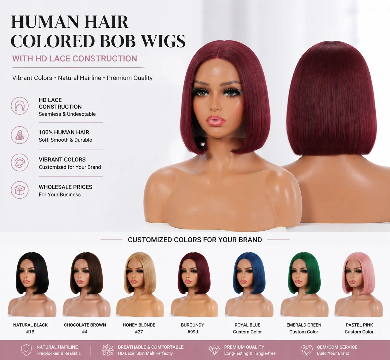Colored bob wigs with HD lace construction for wholesale wig suppliers