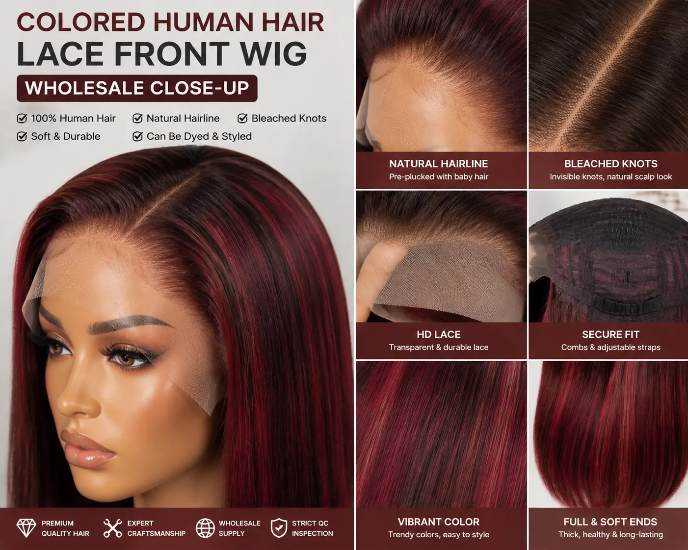 Colored human hair lace front wig wholesale close-up showing natural hairline and lace details