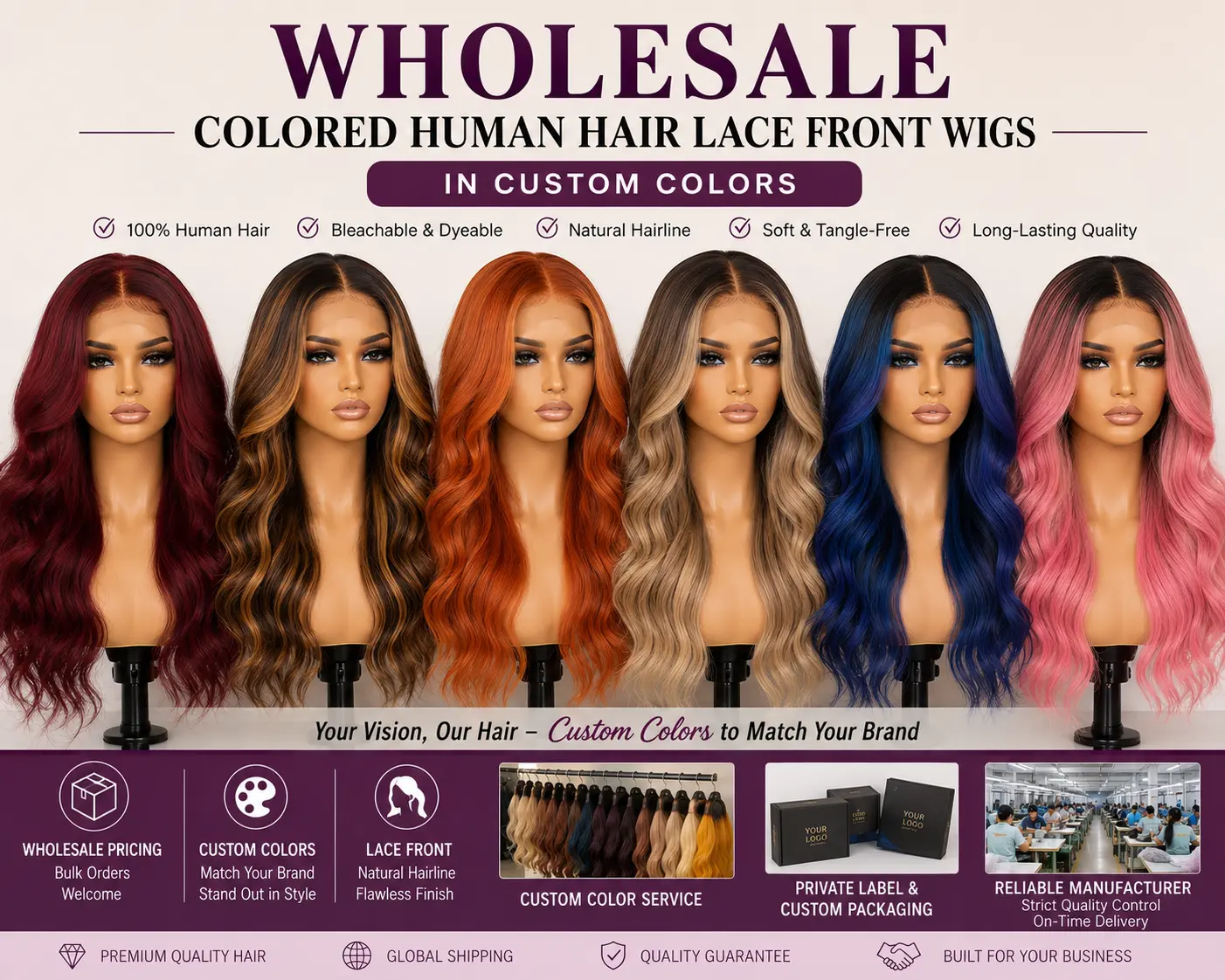 Wholesale colored human hair lace front wigs in custom colors for hair businesses