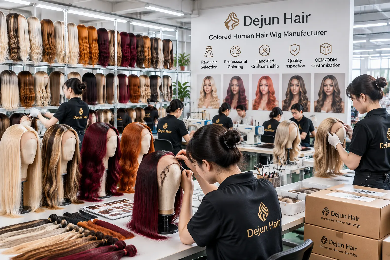 Colored human hair wig manufacturer production workshop with professional factory production