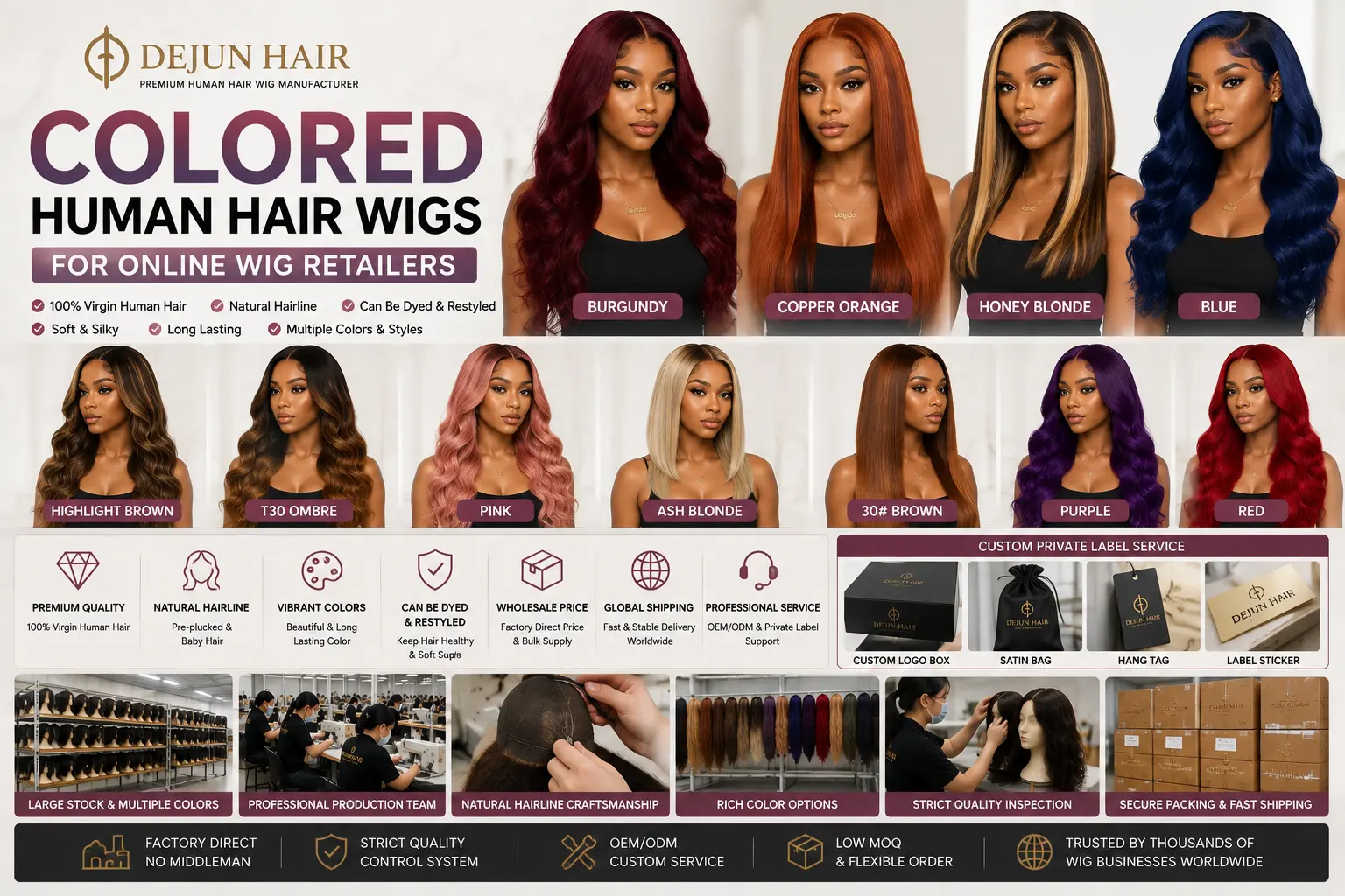 Colored human hair wigs for online wig retailers in multiple colors and styles
