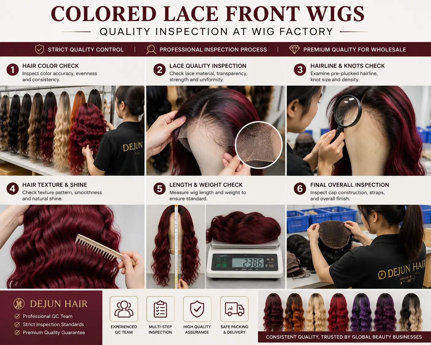 Colored lace front wigs quality inspection at Dejun Hair wig factory