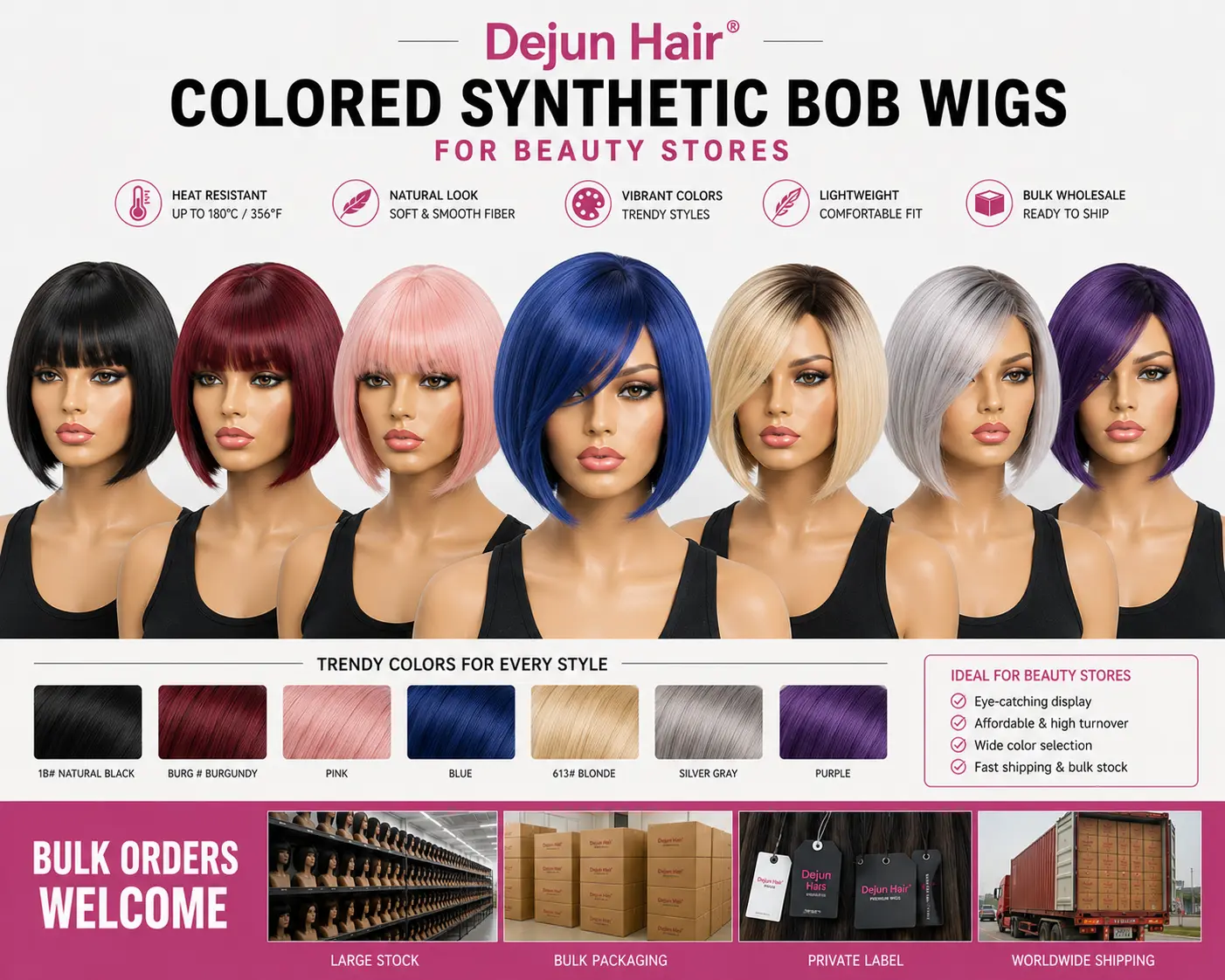 Colored synthetic bob wigs for beauty stores in multiple trendy shades and styles