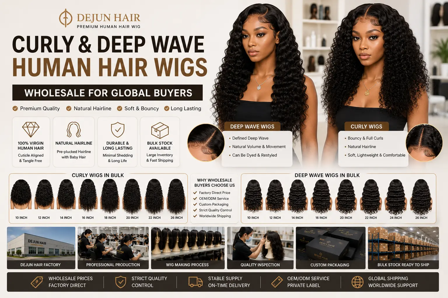 Curly and deep wave human hair wigs wholesale for salons and hair retailers