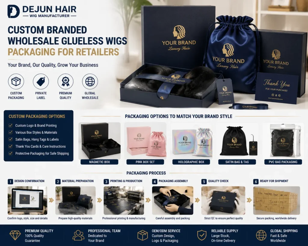 Custom branded wholesale glueless wigs packaging service for retailers and private label brands
