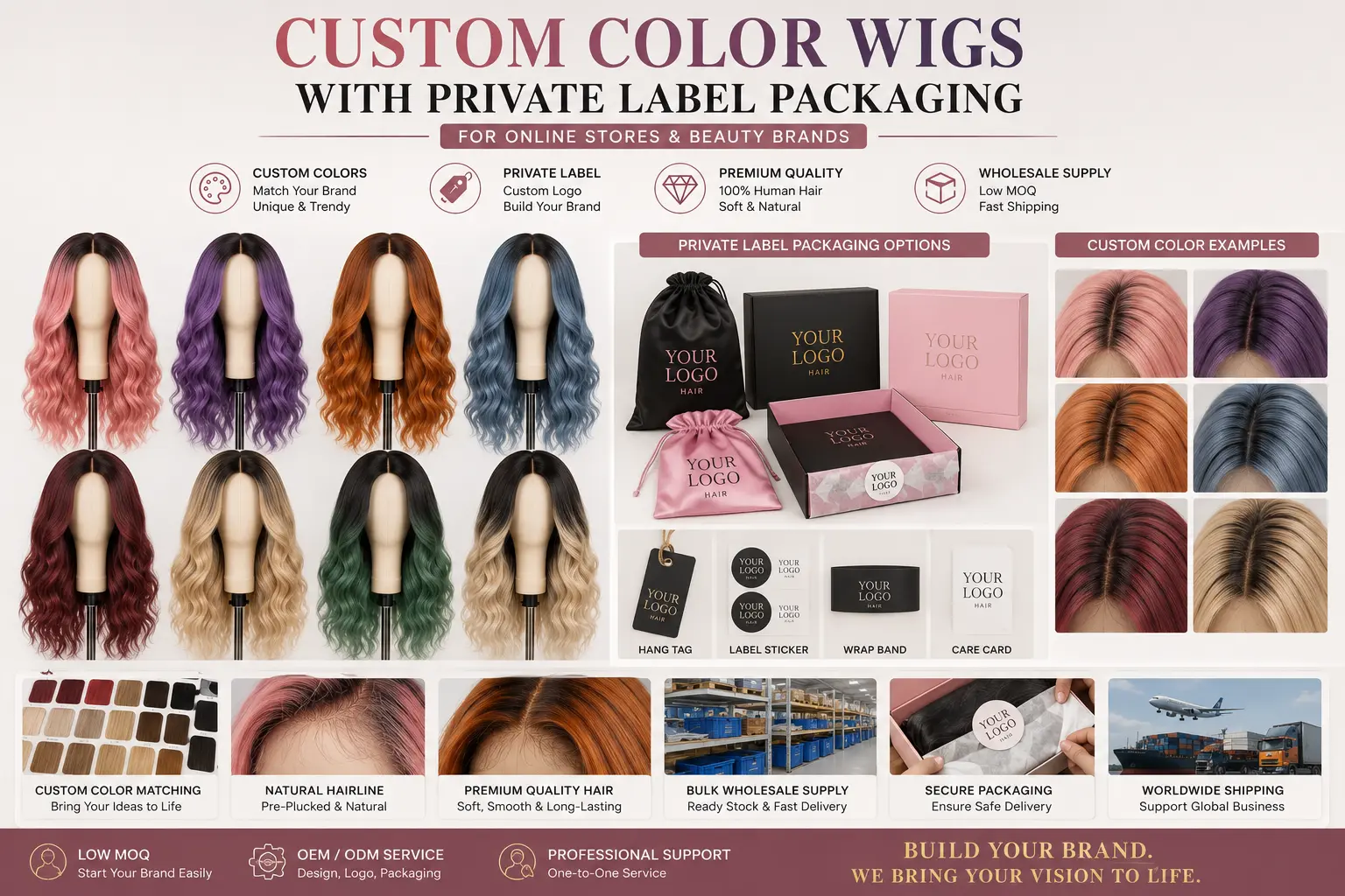 Custom color wigs with private label packaging for online stores and hair brands