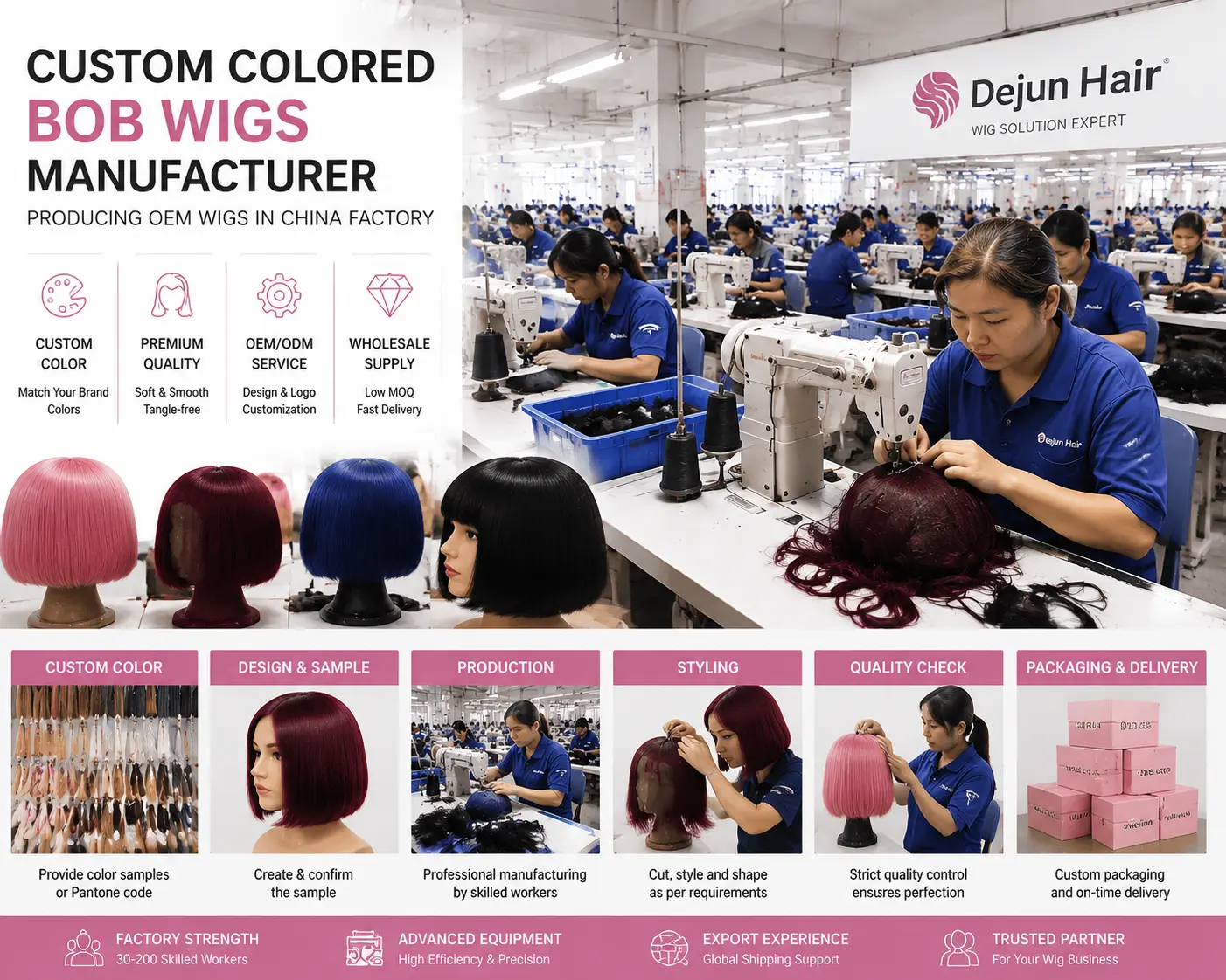 Custom colored bob wigs manufacturer producing OEM wigs in China factory