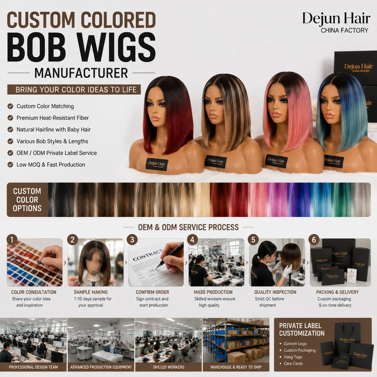 Custom colored bob wigs manufacturer offering OEM and private label wig customization services