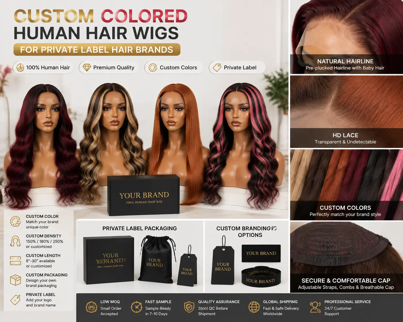 Custom colored human hair wigs for private label hair brands and wholesale customization