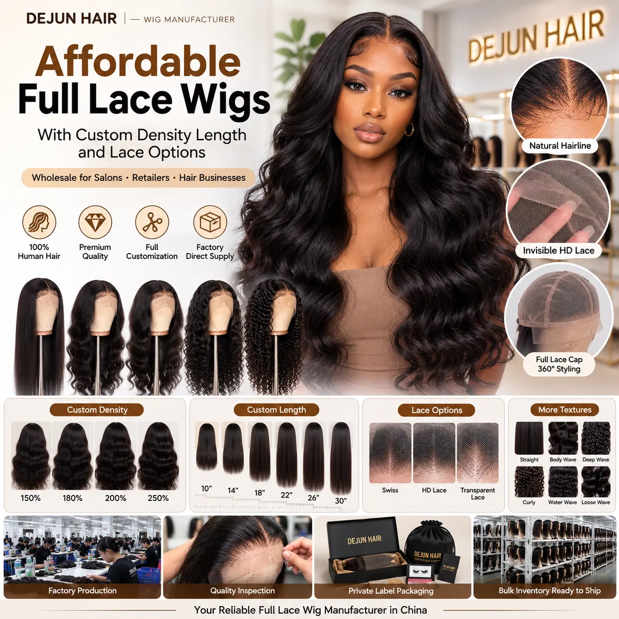 Affordable full lace wigs with custom density, length and lace options for wholesale buyers