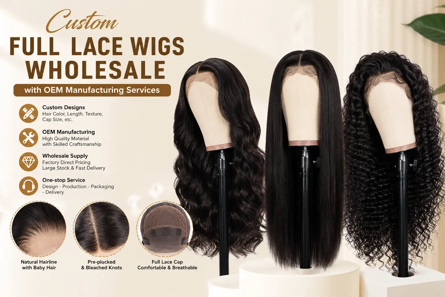 Custom full lace wigs wholesale with OEM manufacturing services