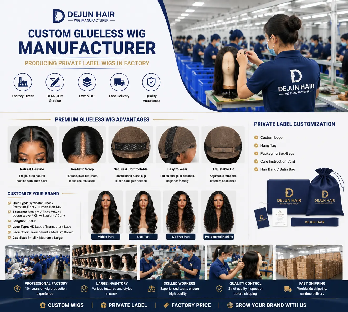 Custom glueless wig manufacturer producing private label wigs in Dejun Hair factory