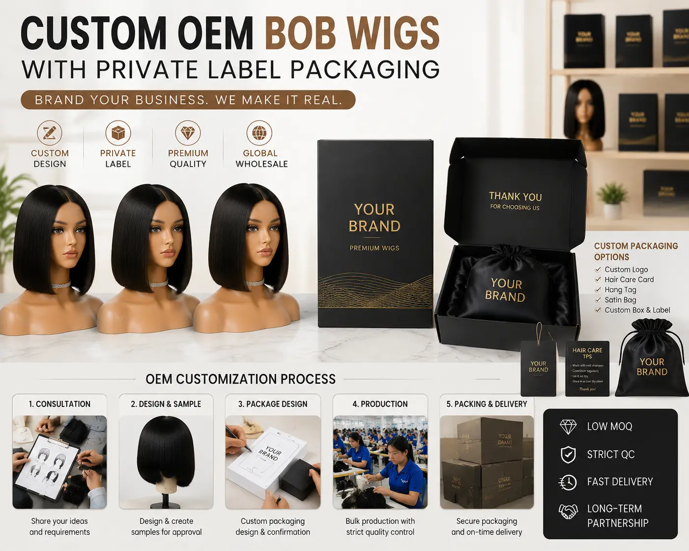 Custom OEM bob wigs with private label packaging service for global hair brands