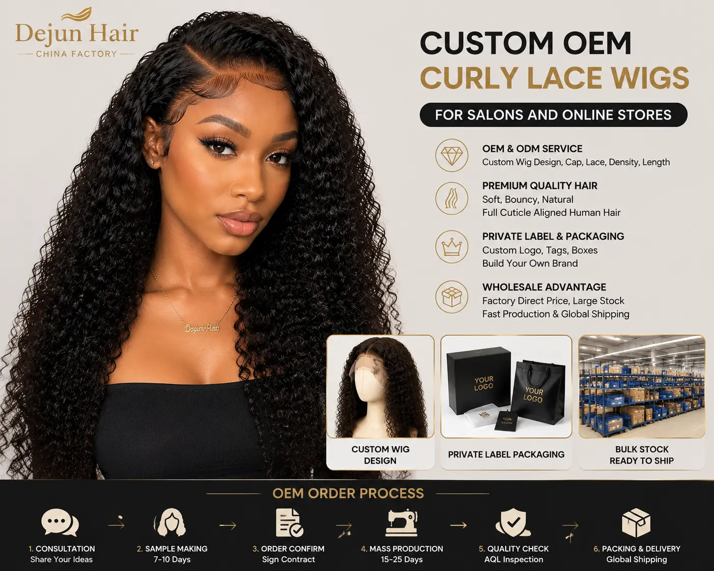 Custom OEM curly lace wigs for salons and online stores with private label packaging and customization service