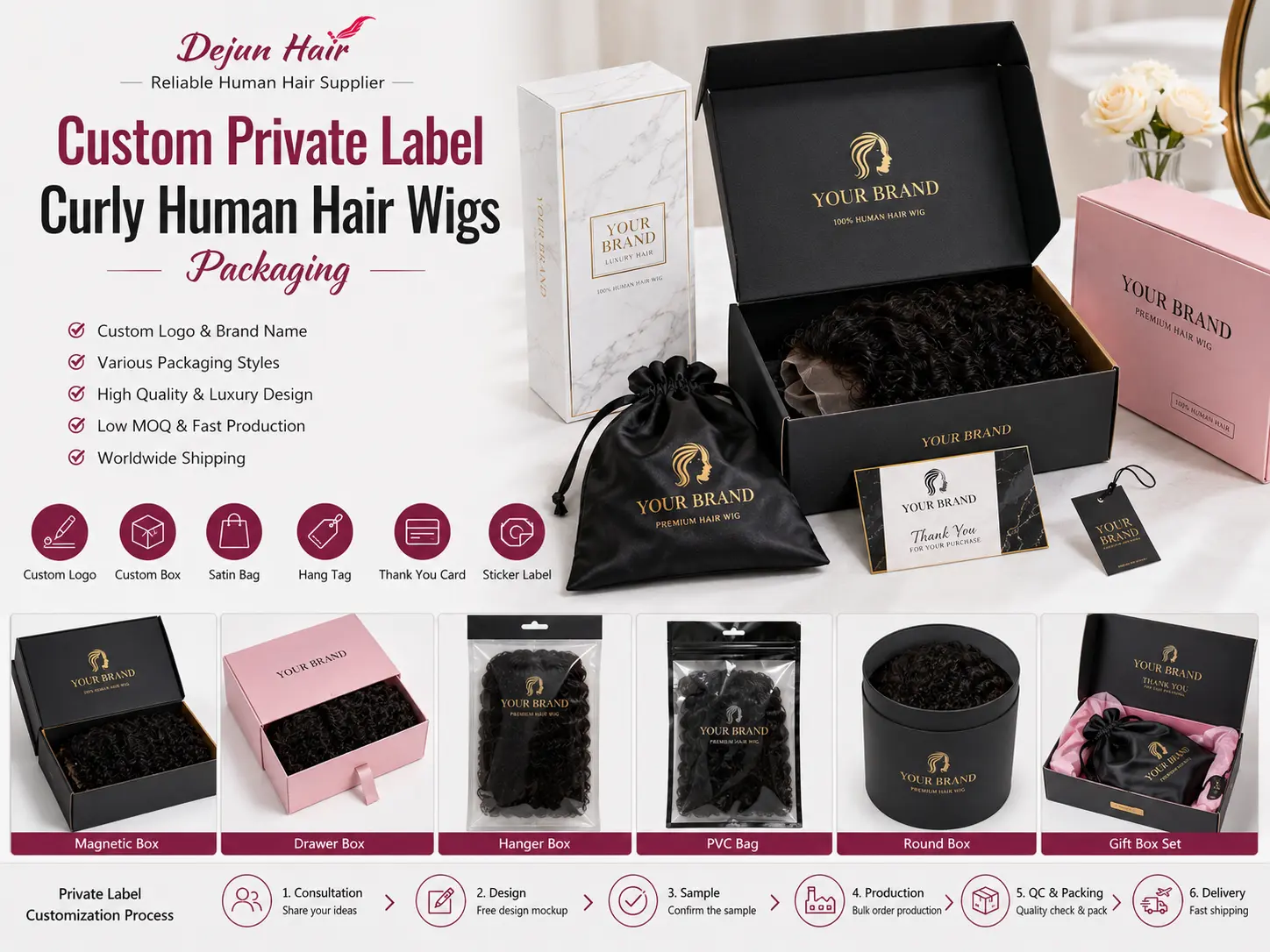 Custom private label packaging for wholesale curly human hair wigs