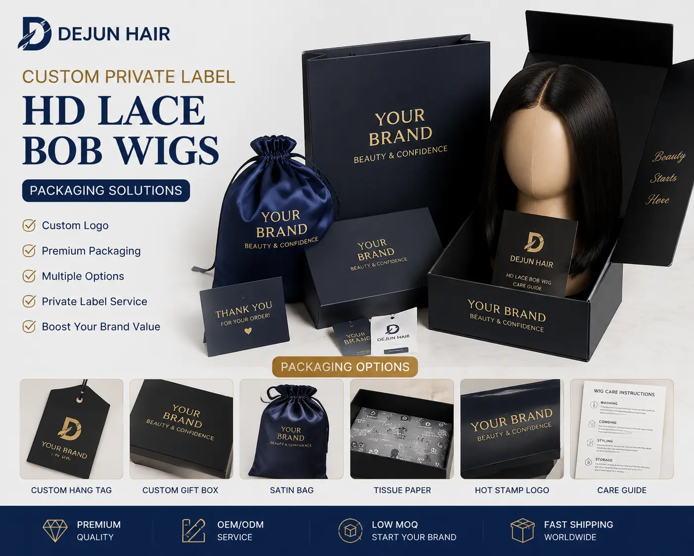 Custom private label HD lace bob wigs packaging service for global hair brands