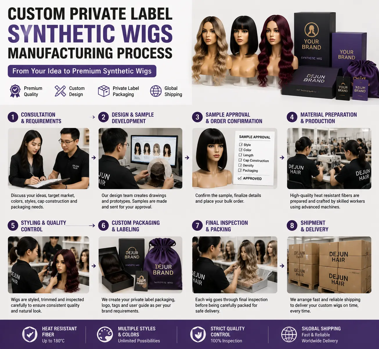 Custom private label synthetic wigs manufacturing process with OEM packaging and quality control