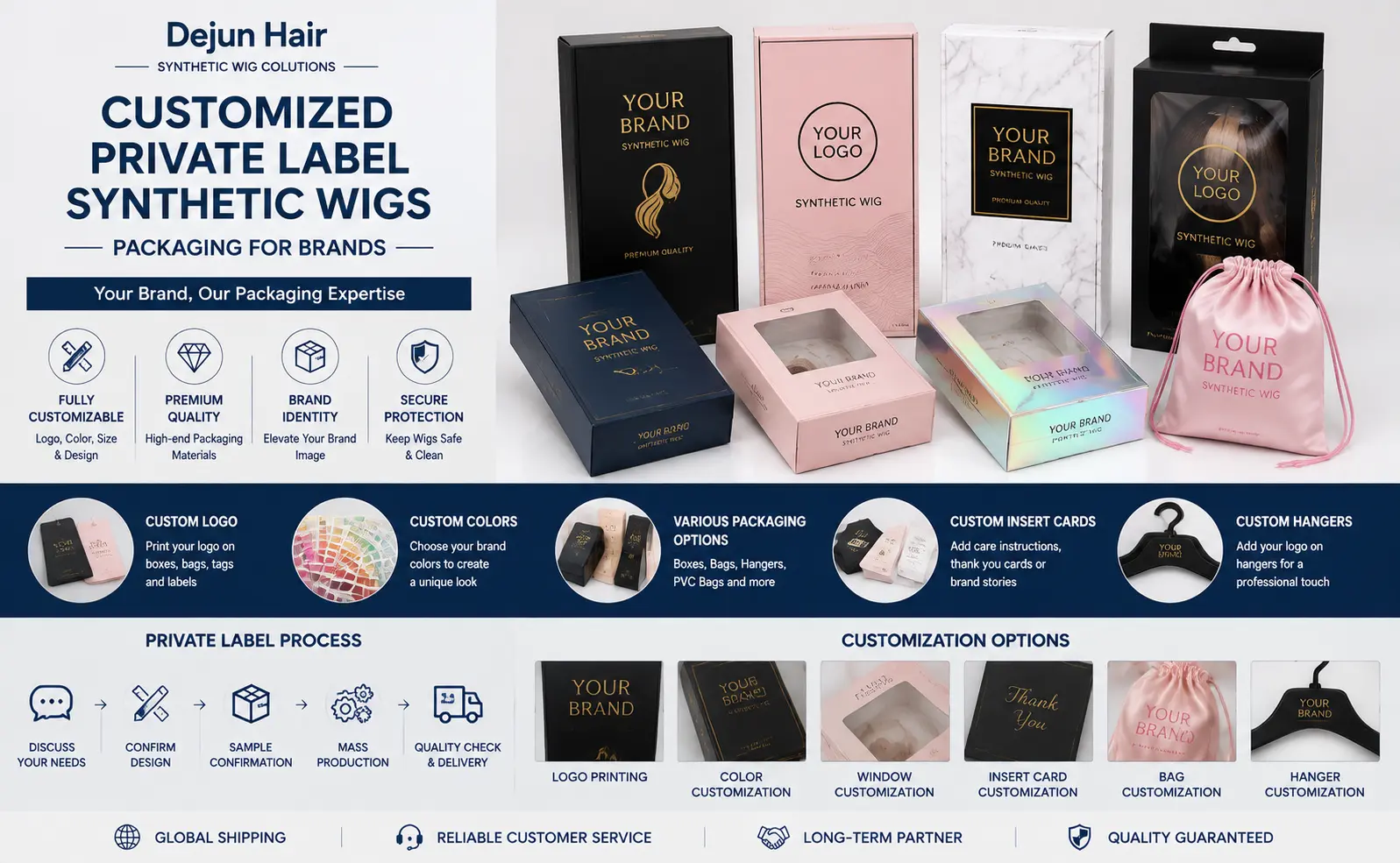 Customized private label synthetic wigs packaging service for hair brands and retailers