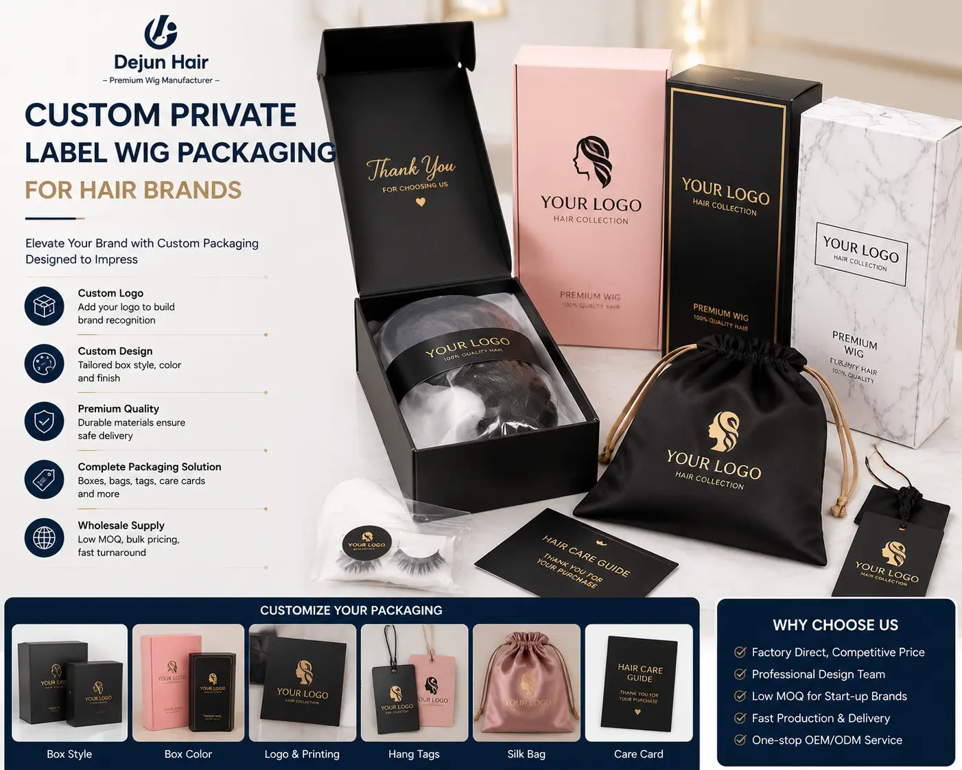 Custom private label wig packaging service for hair brands and wholesale businesses