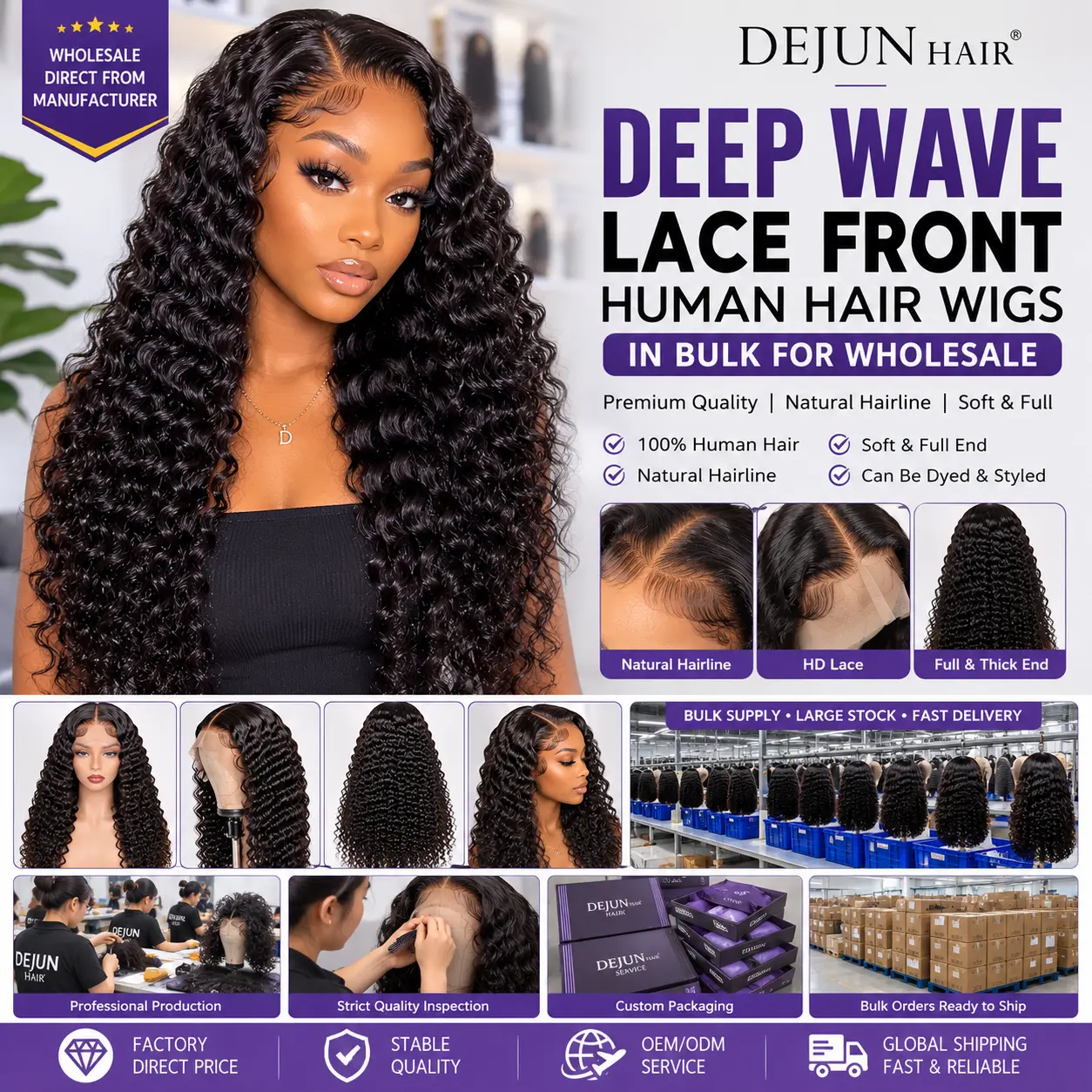 Bulk deep wave lace front human hair wigs with natural hairline