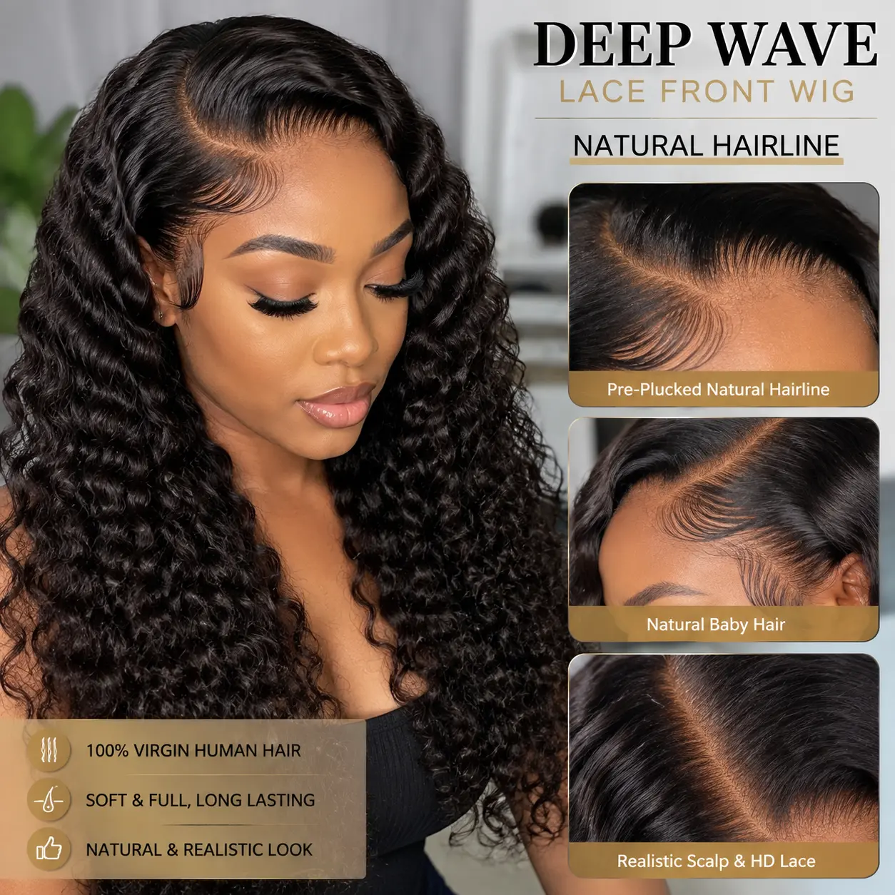 Deep wave lace front wig with natural hairline, pre-plucked lace and realistic scalp appearance