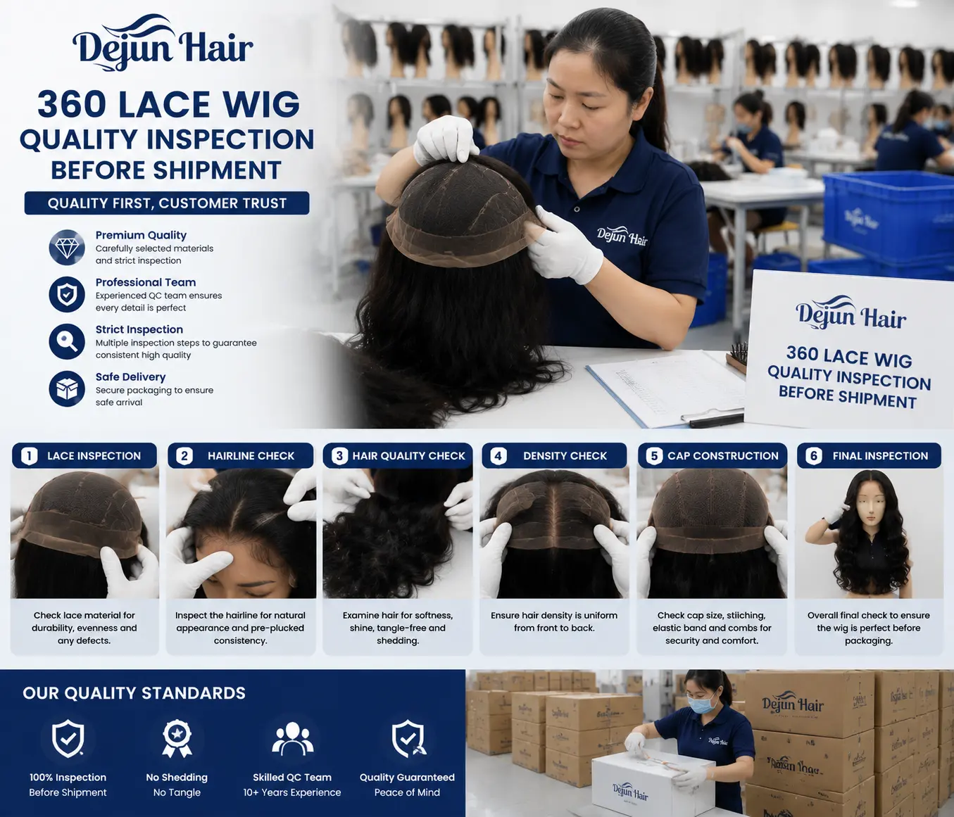 Dejun Hair 360 lace wig quality inspection process before wholesale shipment