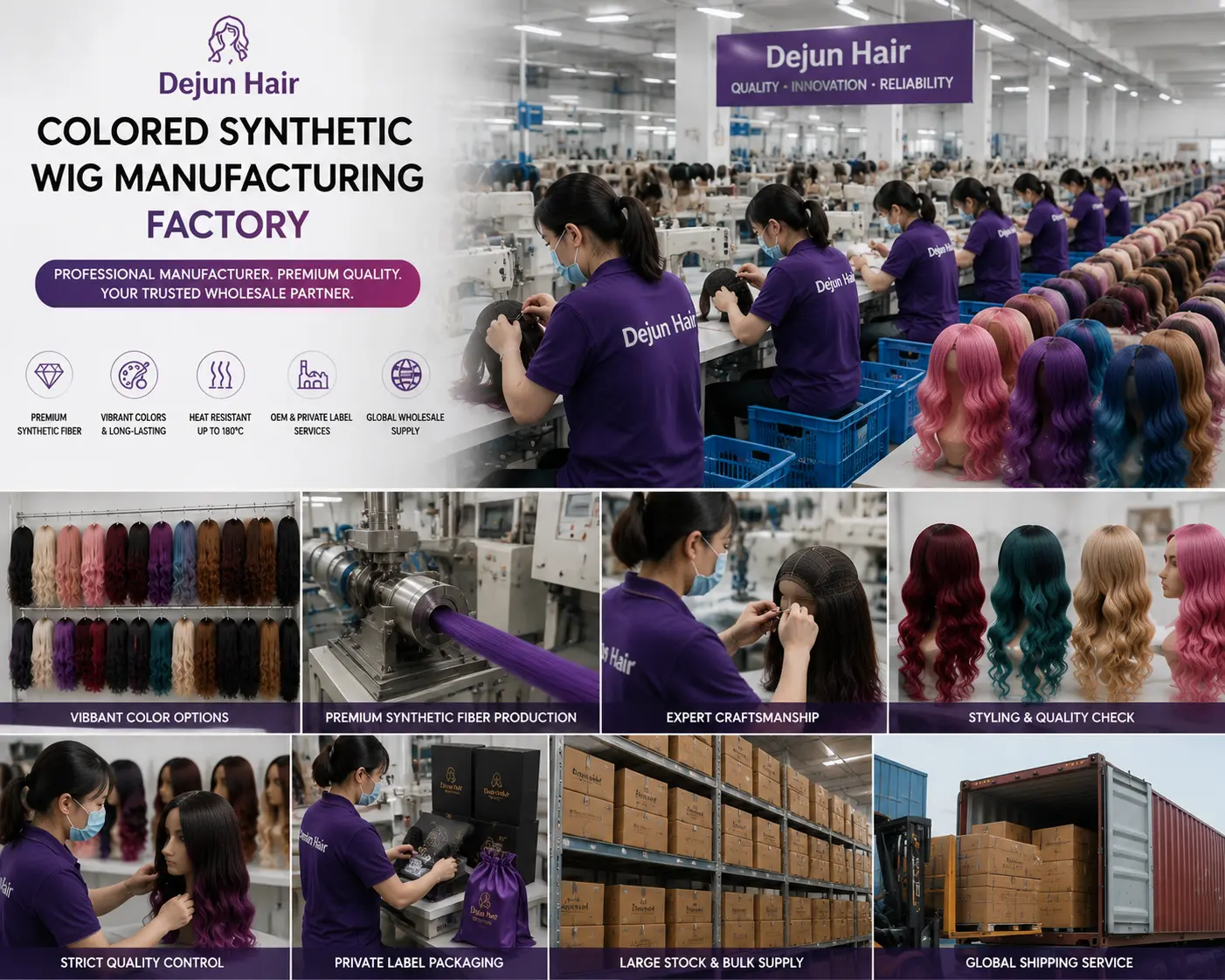 Dejun Hair colored synthetic wig manufacturing factory producing wholesale synthetic wigs with OEM and private label services