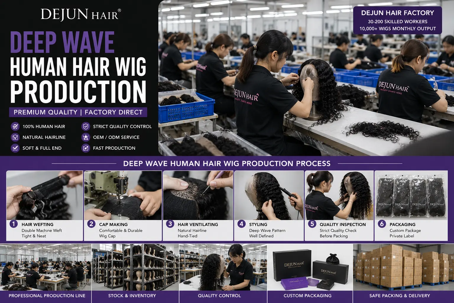 Dejun Hair deep wave human hair wig production at manufacturing factory