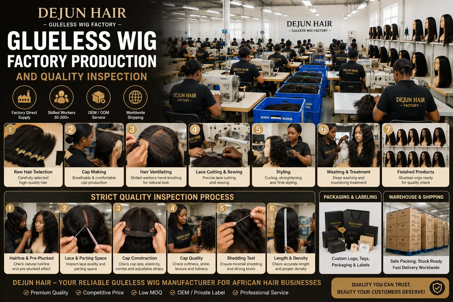Dejun Hair glueless wig factory production and quality inspection process in China