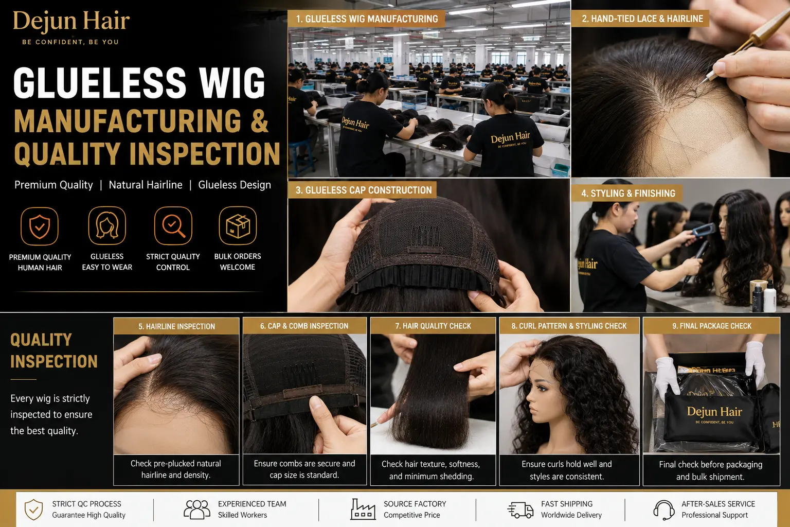 Dejun Hair glueless wig manufacturing and quality inspection process in China factory
