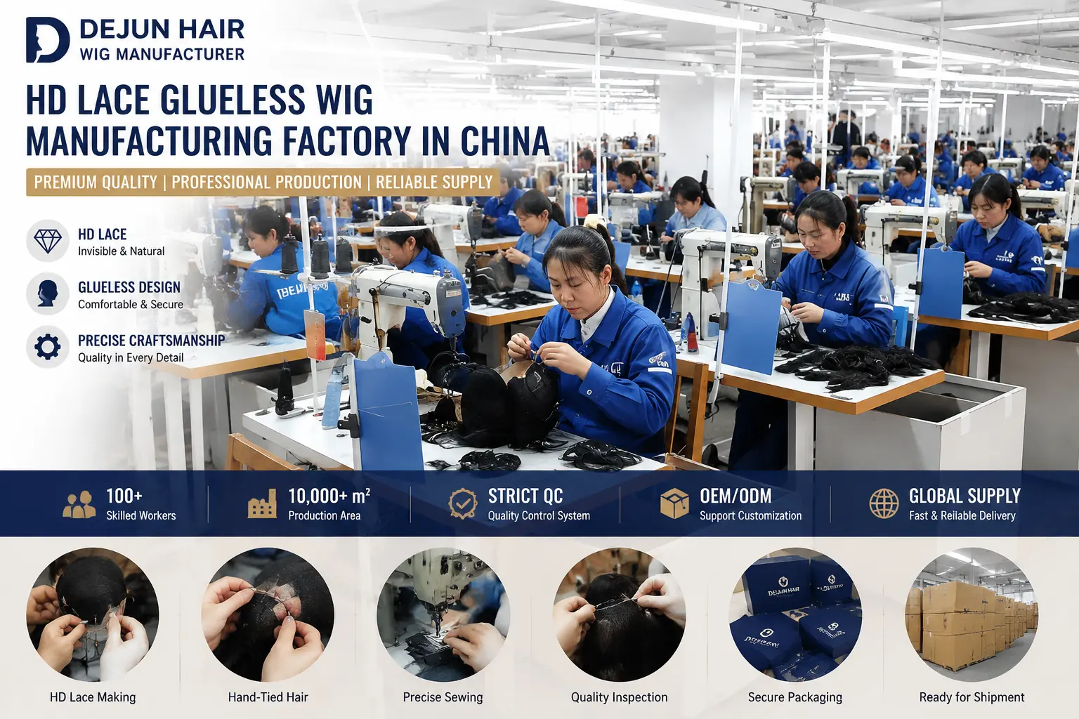 Dejun Hair HD lace glueless wig manufacturing factory in China with professional production line