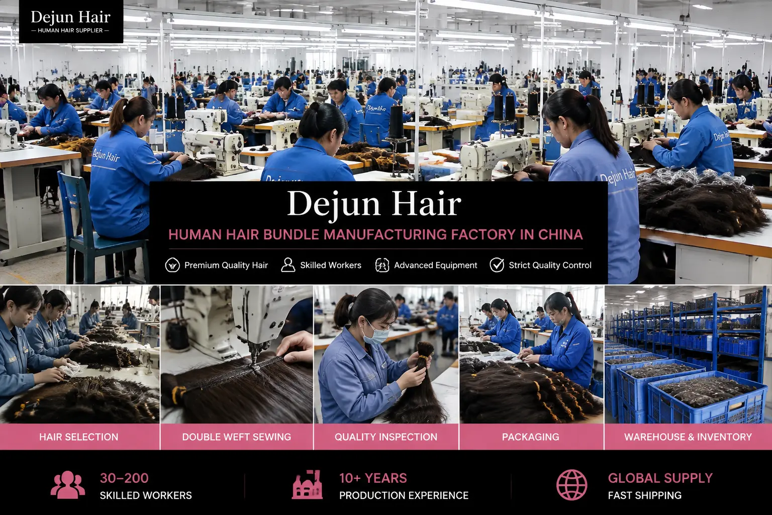 Dejun Hair human hair bundle manufacturing factory in China with professional production facilities