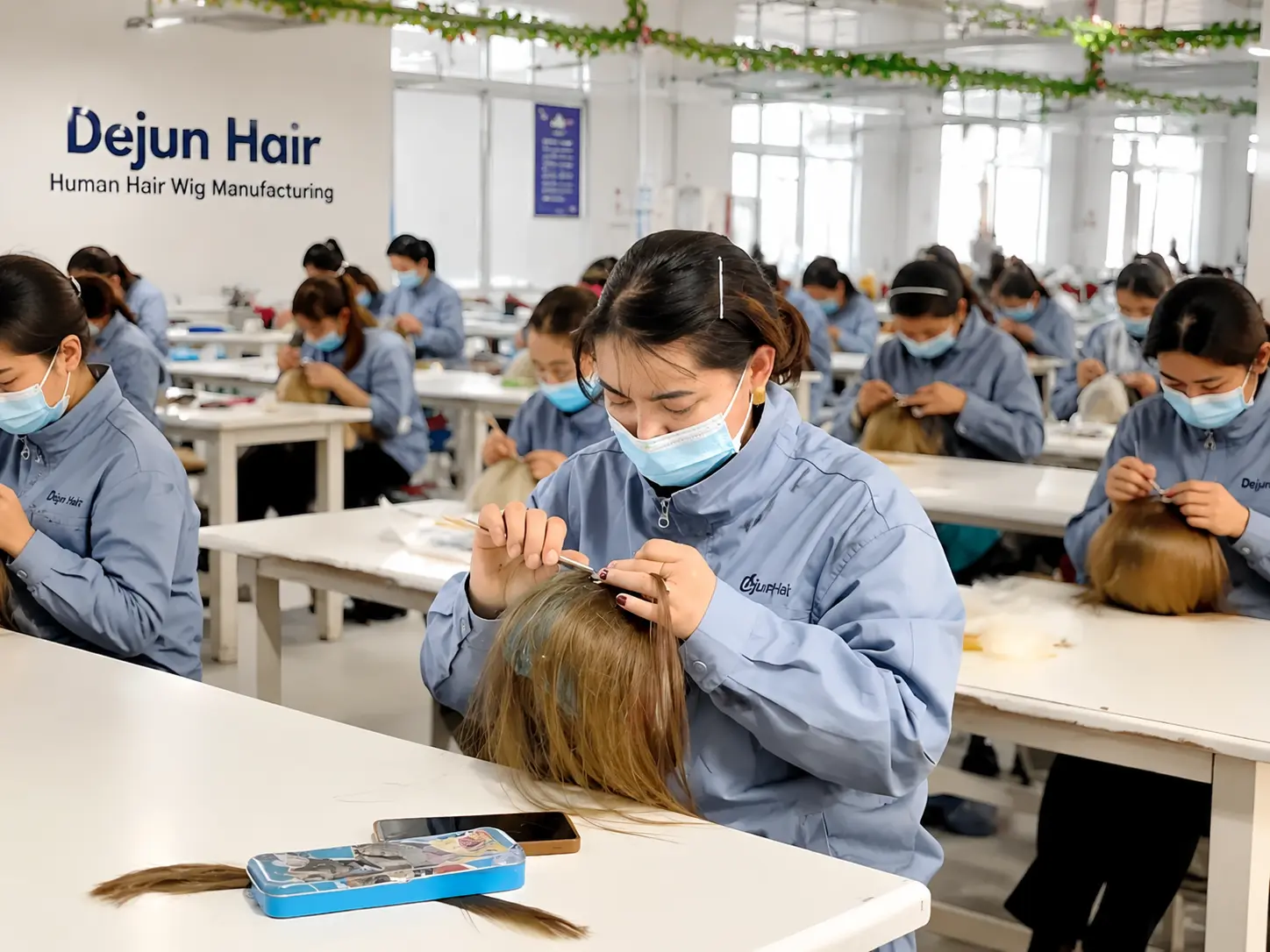 Dejun Hair human hair wig manufacturing factory with professional wig production workers in China