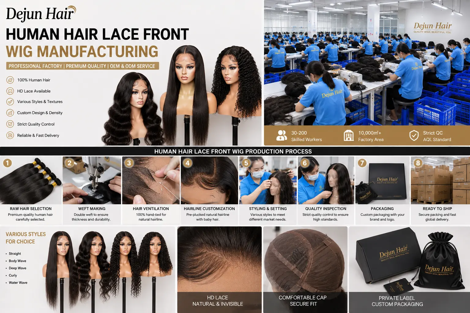 Dejun Hair human hair lace front wig manufacturing factory with production and quality control