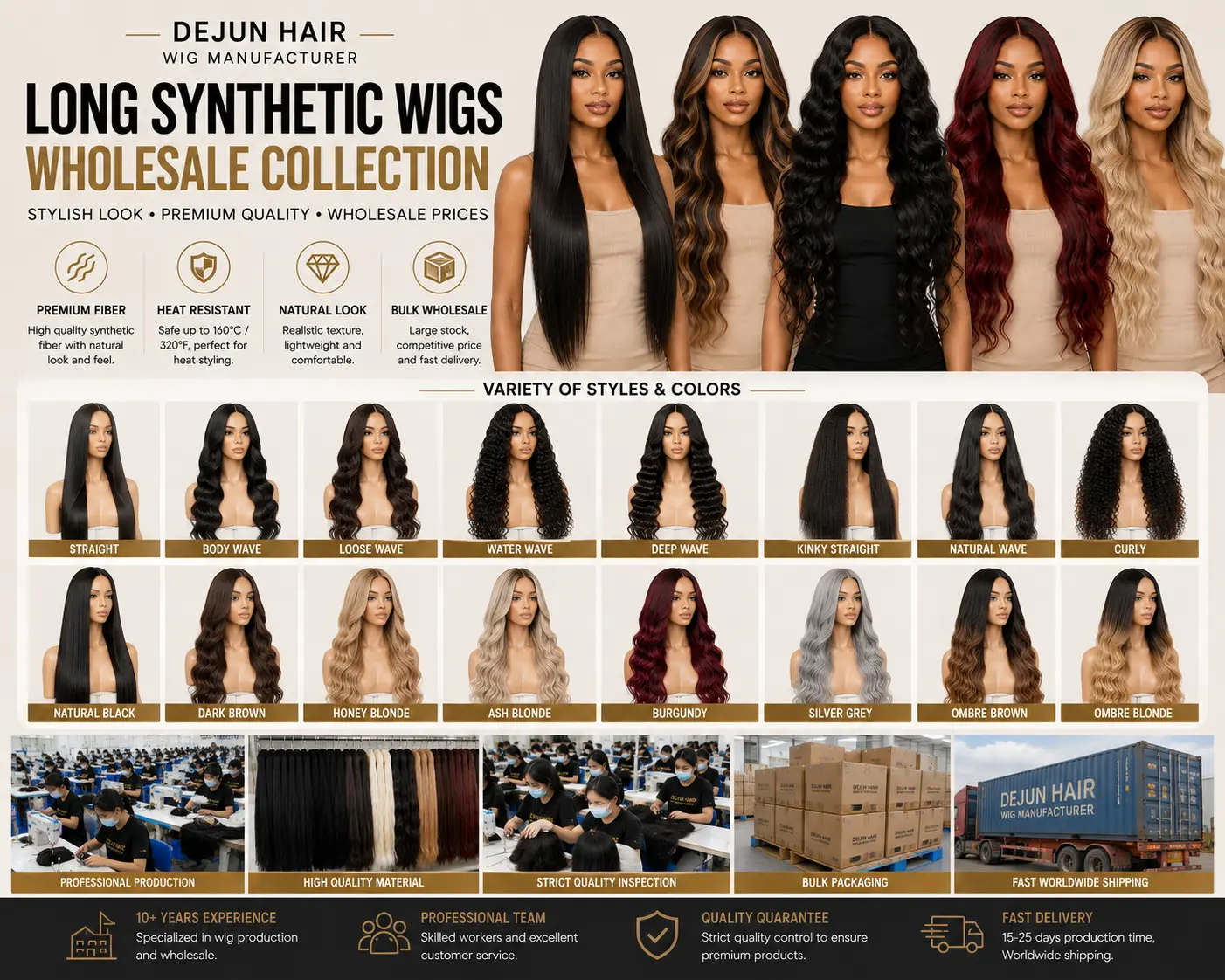 Dejun Hair long synthetic wigs wholesale collection in multiple styles and colors