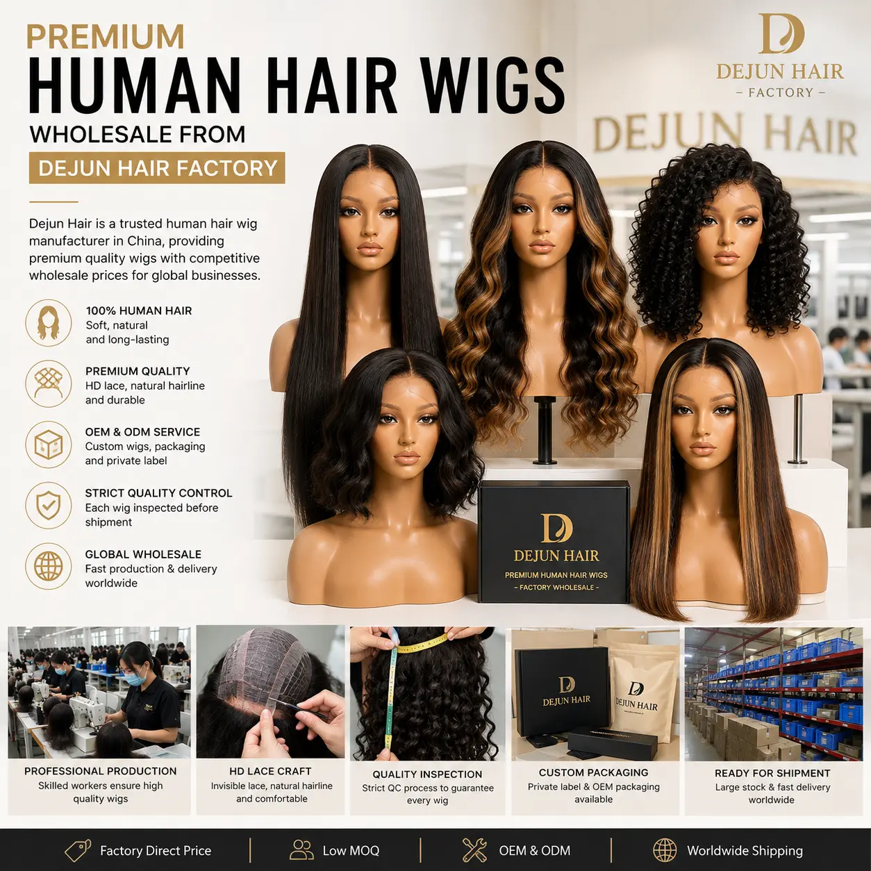 Premium human hair wigs wholesale from Dejun Hair factory for global buyers