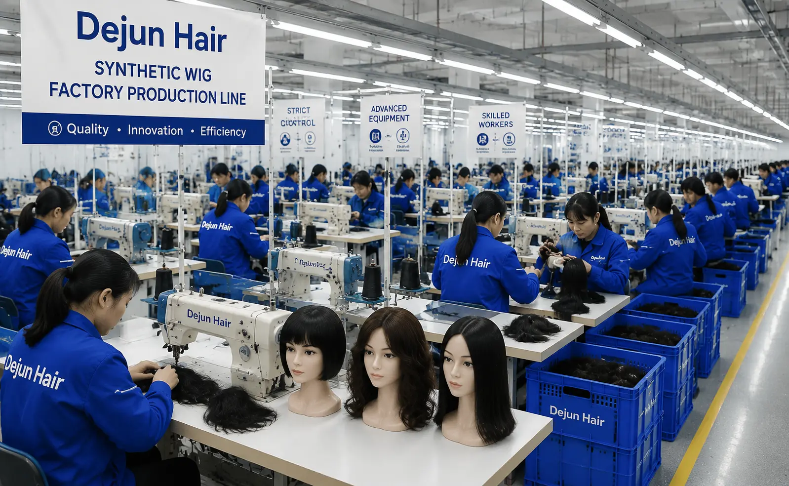 Dejun Hair synthetic wig factory production line with professional manufacturing process