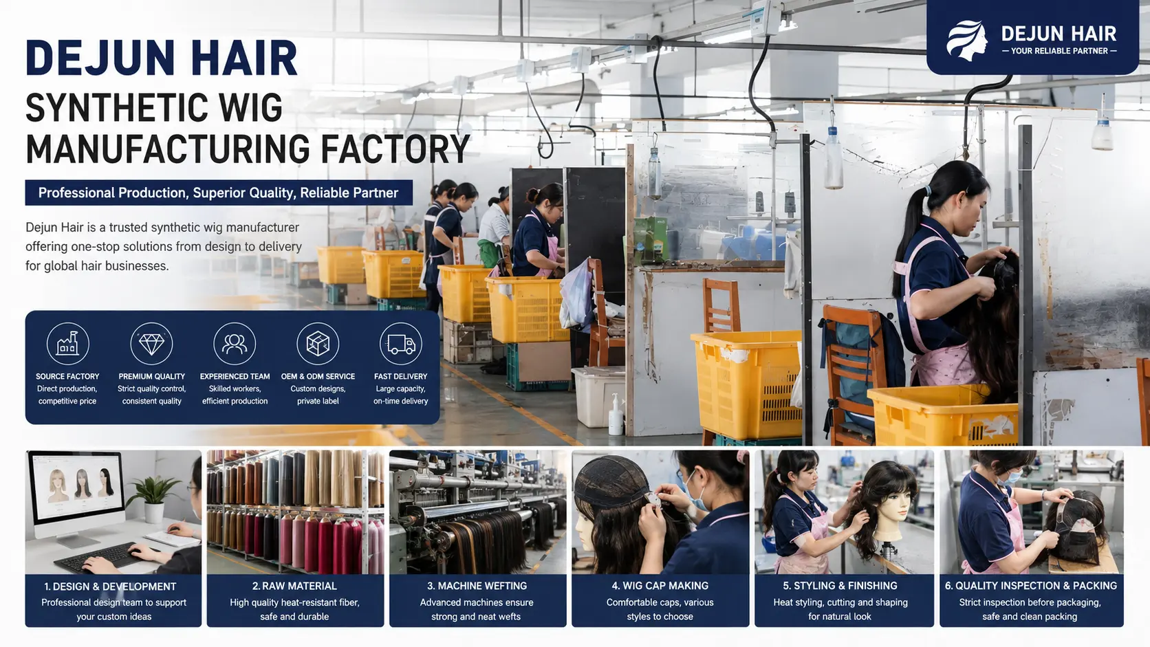 Dejun Hair synthetic wig manufacturing factory producing wholesale wigs in China