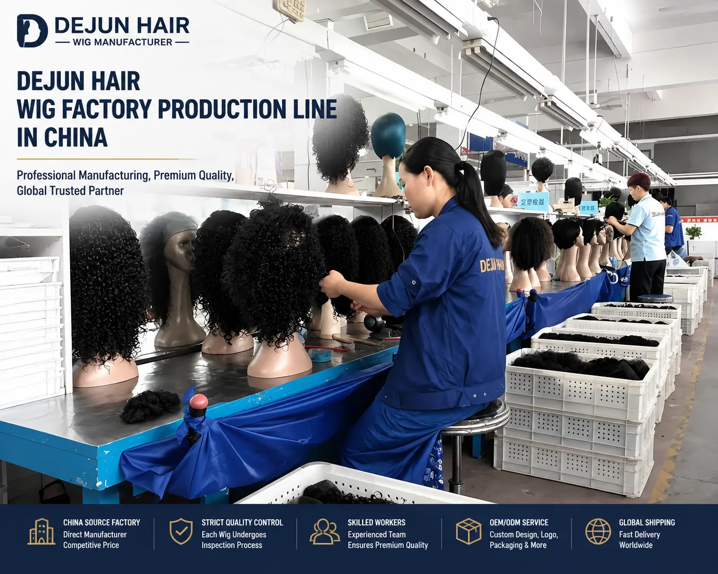 Dejun Hair wig factory production line in China with professional wig manufacturing process