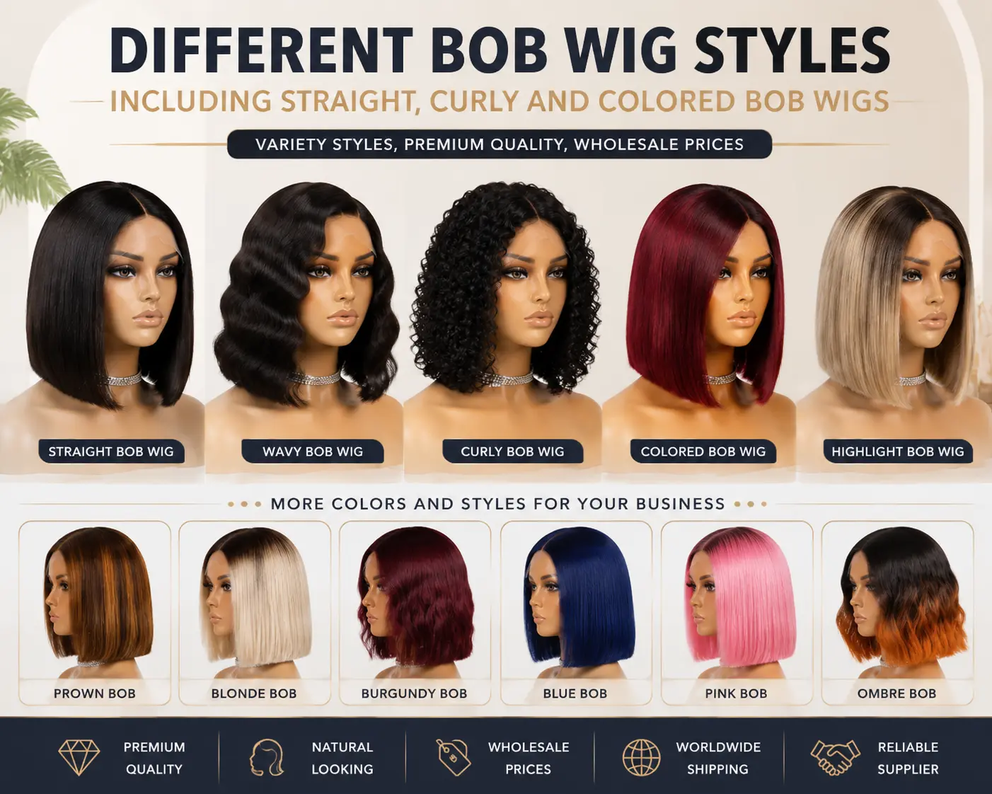 Different bob wig styles including straight, curly and colored bob wigs for wholesale buyers