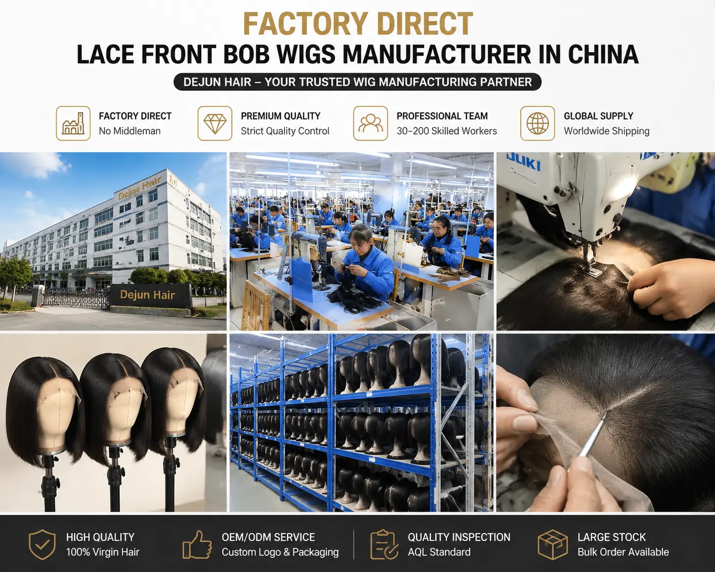 Factory direct lace front bob wigs manufacturer in China with professional production facility